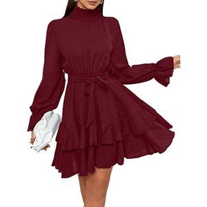Women's Burgundy High Neck Ruffle Dress